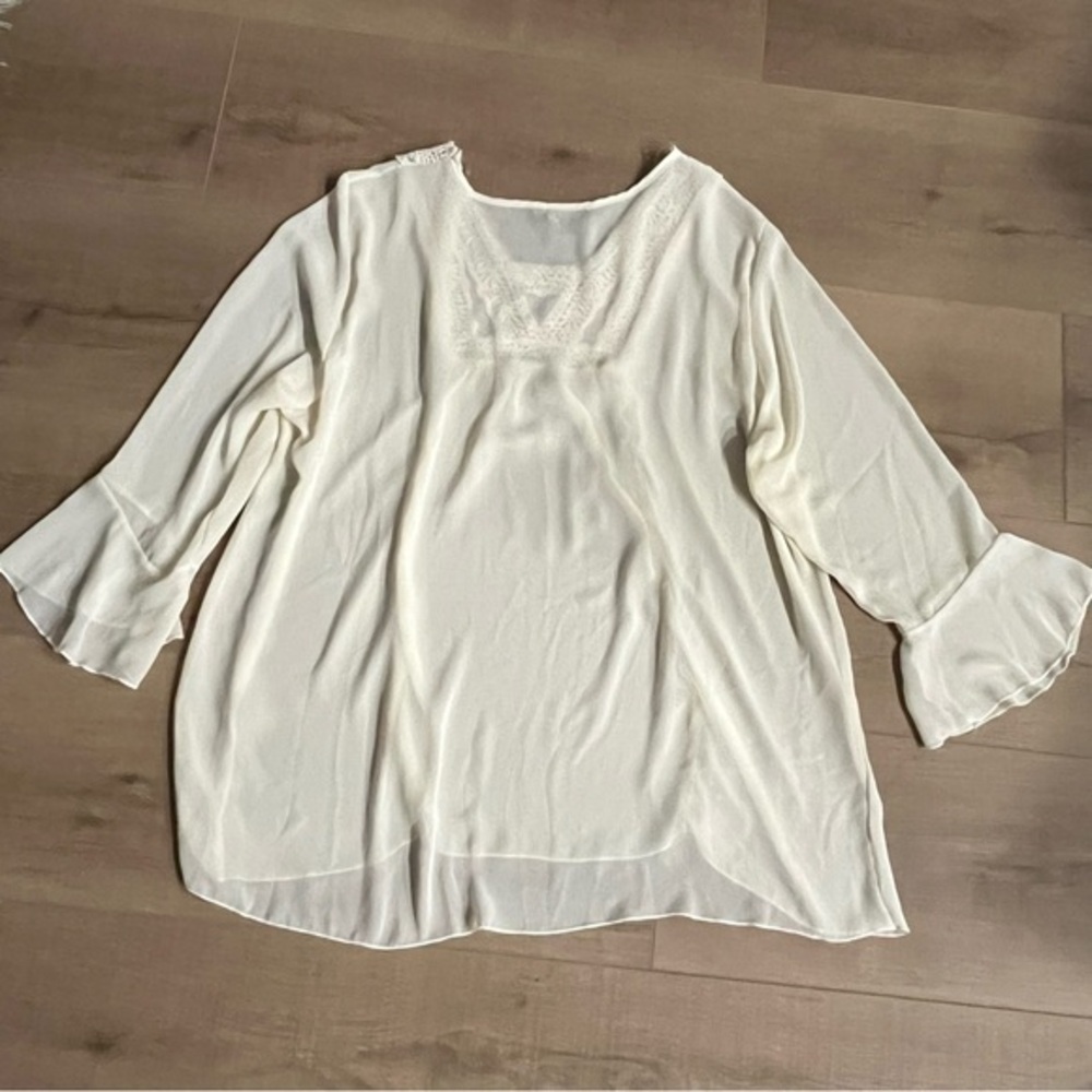Cal Style USA 2XLSheer‎ Bell Sleeve Peasant Blouse Crochet Detail Unlined  Ivory - Picture 9 of 9
